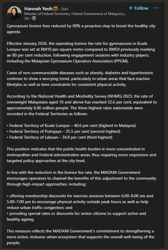 Hannah Yeoh's LinkedIn announcement regarding the 80% reduction in gym fees
